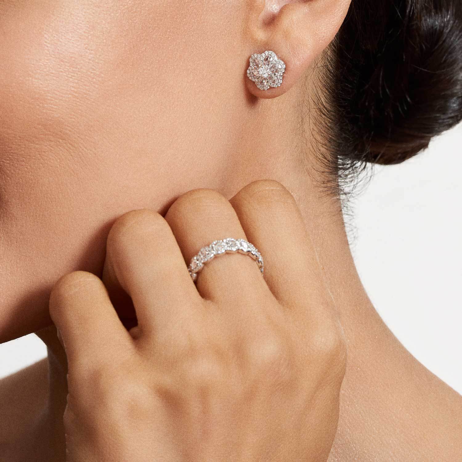 Image of 64Facets Rose Cut Floral Diamond Stud Earrings with Diamond Pave Accents and 18K White Gold